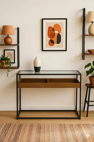 NZONE STORE Glass display table with wooden tray - Modern industrial storage ...