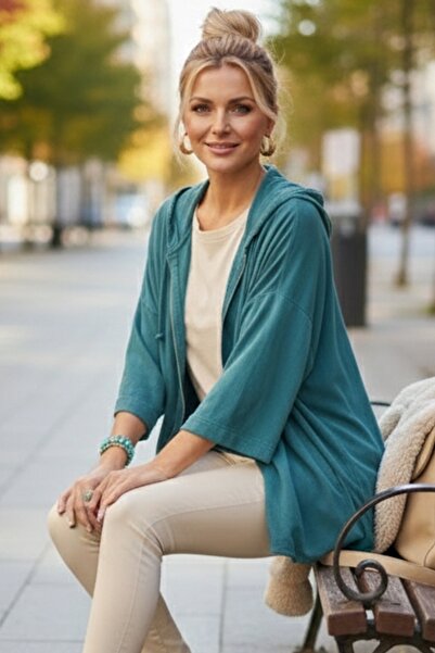 Chiccy Италианско памучно яке с качулка, 3/4 ръкави, цип и джобове, цвят петр...