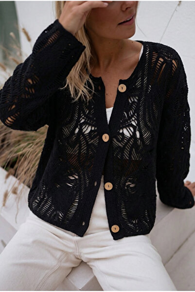 FEMELLE Women's Black Wooden Buttoned Lace Knitwear Cardigan
