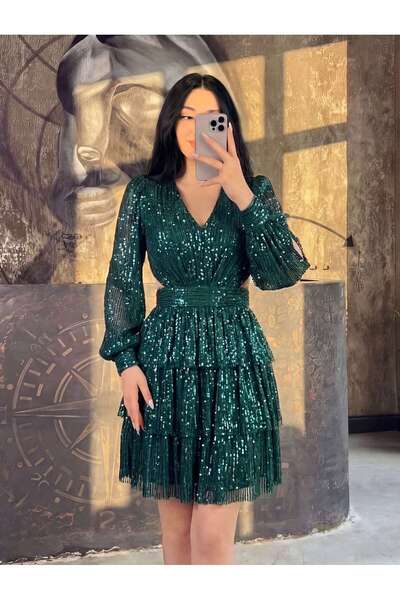 missswans Sierra Pullu Arkası Dekolteli Mini Abiye Zümrüt Yeşili