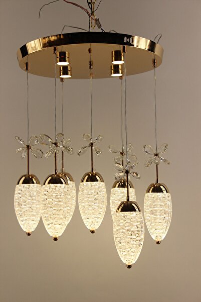 GN GEN AYDINLATMA Modern Gold Çemberli Seri 6lı Kristalize Kozalak Formlu Kri...