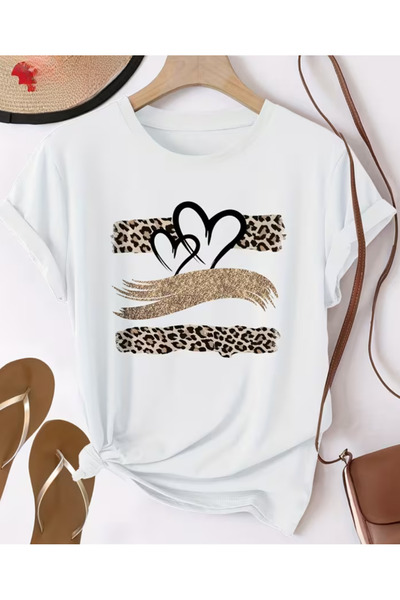 shi dumanlar giyim Unisex Bay/ Oversize Leoparlı iki Kalp Baskılı Tshirt T-sh...