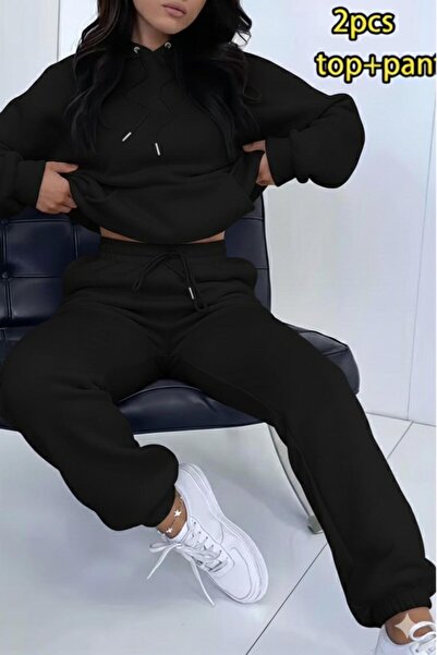 CAST COLLECTİON Women's Black Hooded Sweat Tracksuit Bottom Set