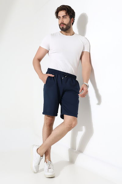 DİVİSTA Men's Navy Blue Color Elastic Waist Cord Detailed Shorts
