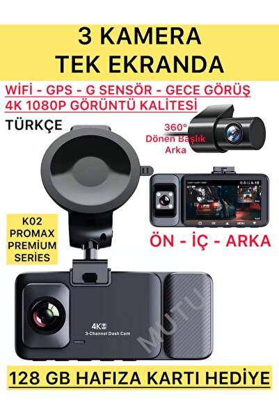 MUTU K02 PROMAX 4K 1080P Full HD 3 Kameralı GPS G Sensör Wifi Gece Görüş Ön A...