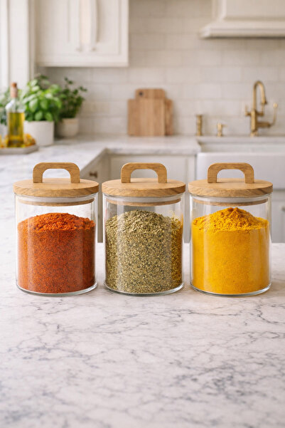 Kitchen Way Acacia Round Gasket Lid 3-Piece Borosilicate 600ml Jar Set Kw-770