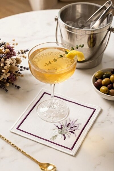 Arma House 2'li Özel Tasarım Lavanta Nakışlı Ham Keten Kokteyl Peçetesi & Bar...