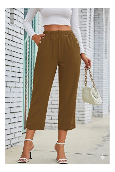 byasafkids Women's Elastic Waist Button and Pocket Detailed Capri Imported Li...