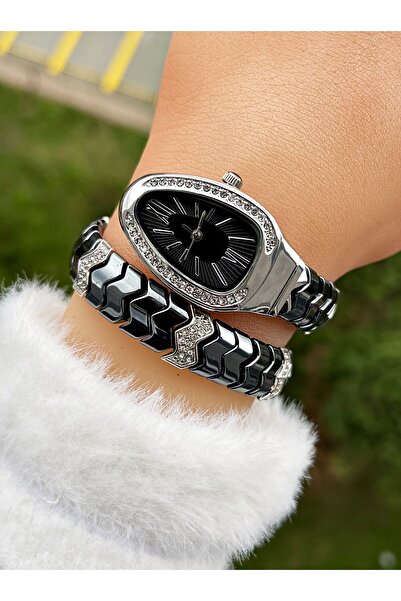 Weluxa ساعة يد نسائية عتيقة الطراز بتصميم ثعبان من الحجر الفضي ثنائي اللون