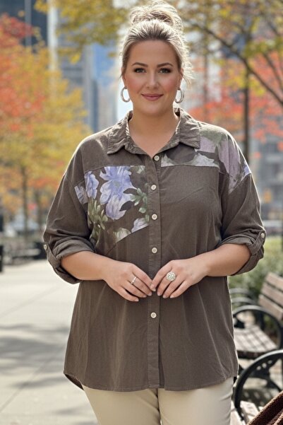 Chiccy Cămașă italiană de mărime mare, maro deschis, cu mânecă lungă, cu nast...