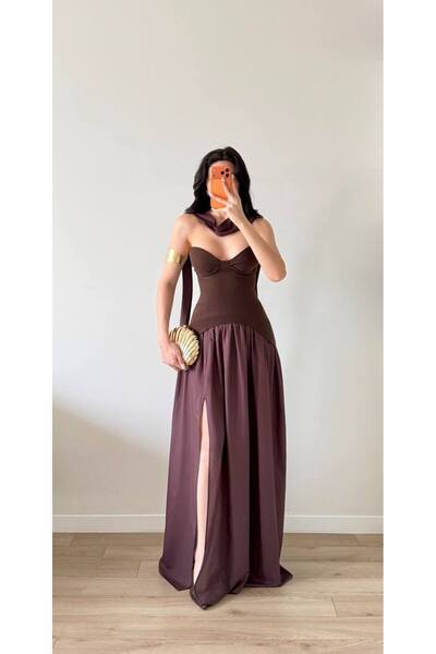 LOCH BUTİK Women's Brown Shawl Detailed Gathered Waist Slit Maxi Dress
