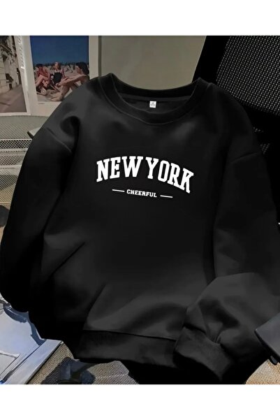 FUFLUNS سترة رياضية فضفاضة بطباعة مبهجة من نيويورك للنساء/الرجال بياقة دائرية