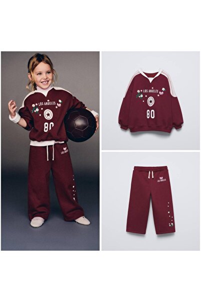 WOWMOMKIDS طقم بدلة رياضية للفتيات باللون العنابي من لوس أنجلوس مطبوع - طقم م...