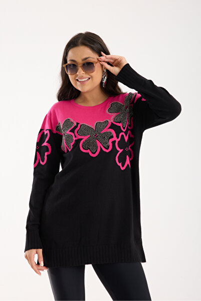 Moda Days Women's Fuchsia-Black Two-Tone Stone Detailed Floral Patterned Side...