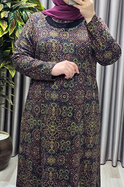 Elmas Tesettür Kadın Giyim Büyük Beden Etnik Desenli Yakası Taşlı Elbise