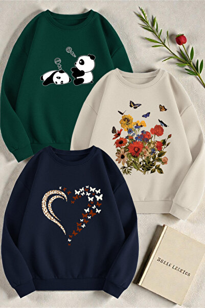 uyguntarz Çok Renkli Karışık Seri Baskılı Sweatshirt 3'lü Fırsat Paketi
