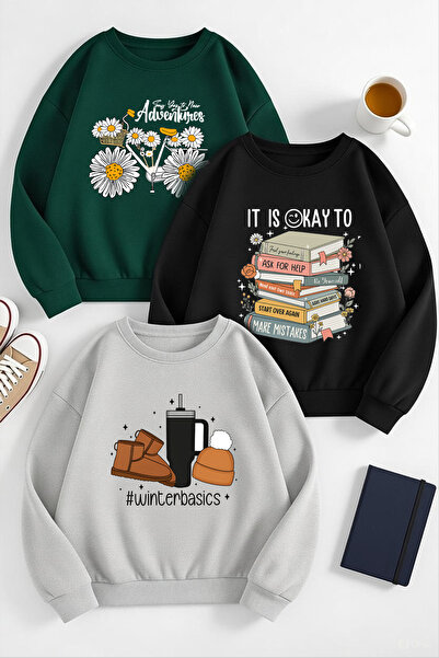uyguntarz Çok Renkli Karışık Seri Baskılı Sweatshirt 3'lü Fırsat Paketi