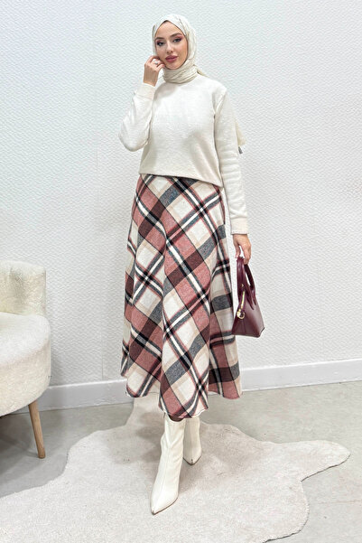 Tesettür Diyarı Fustă cu model în carouri Nare, cu broderie, stil Hijab - Crem