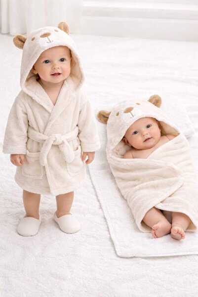 kidsense Cute Teddy Bear Patterned Unisex Baby Towel Bathrobe Set