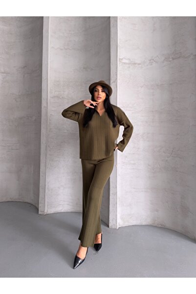 erki triko Polo Yaka Corded Fabric Bottom-Top Knitwear Set