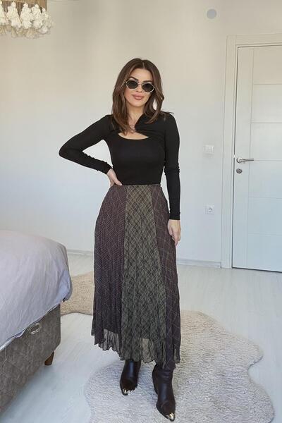 Eswomes Şifon Pileli Etek Kahverengi