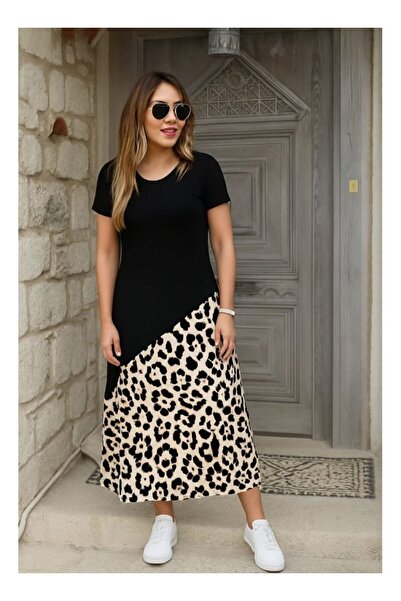 byasafkids Women's Short Sleeve Crew Neck Leopard Detailed Midi Top Viscose B...