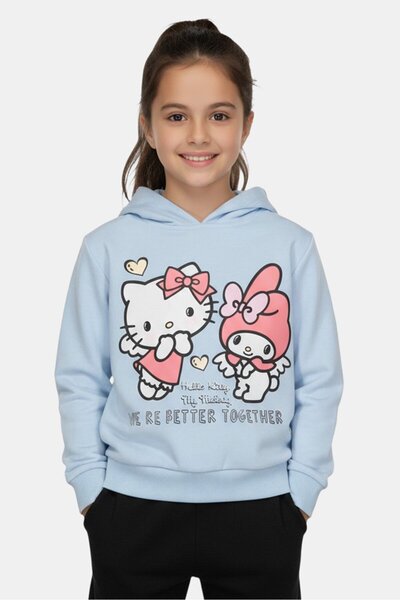 SANRIO هودي بأكمام طويلة مطبوع عليه رسومات هيلو كيتي للبنات، لون أزرق فاتح
