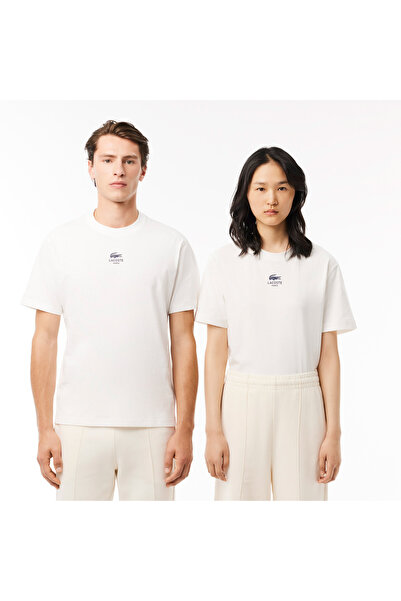 Lacoste Signature Unisex Classic Fit Bisiklet Yaka Baskılı Beyaz T-Shirt