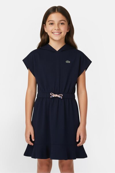 Lacoste فستان بناتي مطرز بشعار، لون كحلي