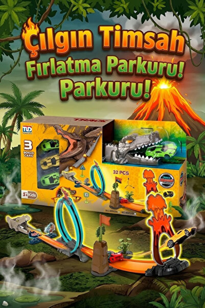 craftivio Çılgın Timsah Fırlatma Ve Yarış Pisti Seti - 3 Arabalı Akrobasi Par...