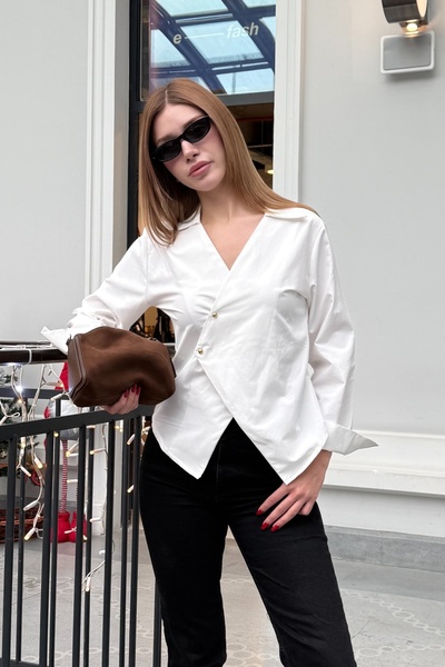Ded COLLECTION Women's Gold Buttoned V-Neck Cross Detail Poplin Shirt
