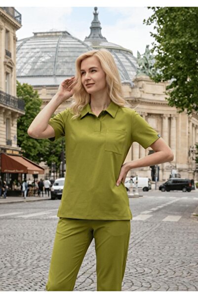 Dr. Mitra طقم نسائي من طراز باريس باللون الأخضر الجوزي قماش قابل للتمدد طقم ط...