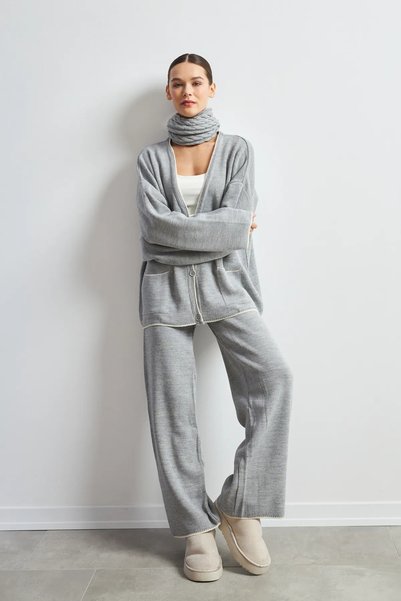 Yefrastore Women's Light Gray Pocket Detailed Shepherd Stitch Cardigan Pants Bottom Top Knitwear Set