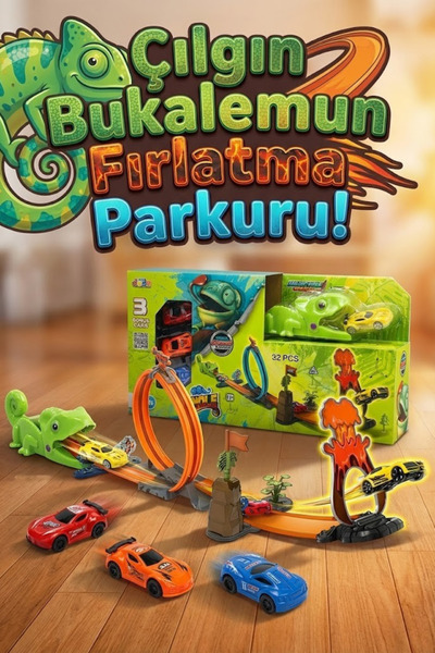 craftivio Çılgın Bukalemun Fırlatma Seti 32 Parça Yarış Pisti - 3 Adet Arabal...