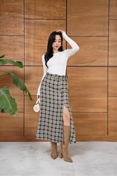 Nazline Women's Diamond Patterned Belted, Plaid Patterned Transitional Skirt