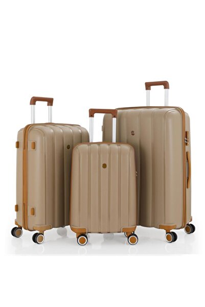 MÇS 3lü Set Kırılmaz Silikon Seyahat Valizi Bavulu V305 Şampanya/Hardal