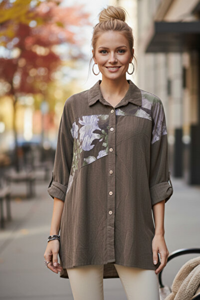 Chiccy Cămașă italiană maro deschis, cu mânecă lungă, cu nasturi, din catifea...