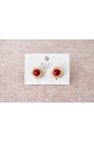 OEM Kırmızı Taşlı Zirkon Detaylı Gold Küpe