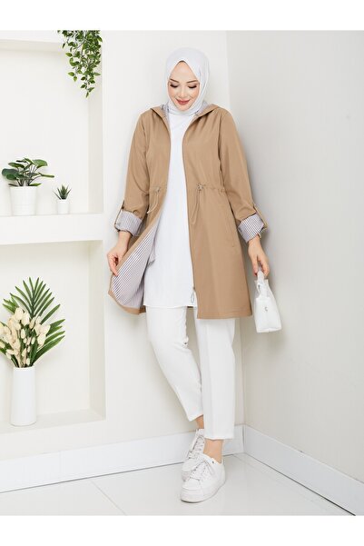 MEHDENEFE İç Detayı Çizgili Kapüşonlu Beli Lastikli Trençkot MDE905010