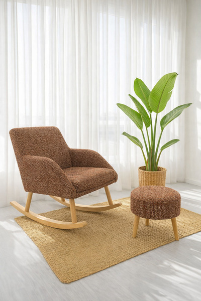 DEKOR MOBİLYACIM Comfort Sallanan Sandalye Kırçıllı Kumaş ve 3 Ayaklı Puf