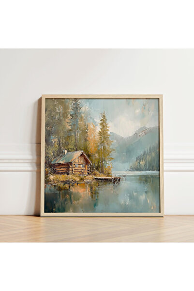 Tuba Decor Ahşap Çerçeveli Kare Tablo yalnız kulübe