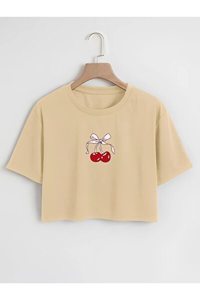 EYAX MODA Дамска изрязана тениска с кръгло деколте и щампа с череши