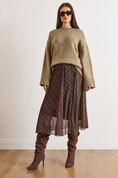 Olalook Women's Plaid Brown Lined Block Patterned Bell Tulle Skirt Etk-19000382