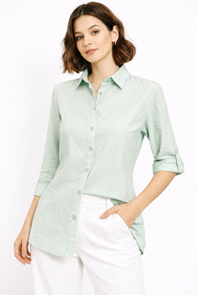 Nuevo Women's Mint Green Linen Shirt |   Fitted Cut, Long Sleeves, Buttoned, ...