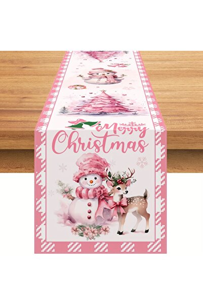 Choice مفرش طاولة وردي لعيد الميلاد، مفرش طاولة على شكل رجل ثلج وردي، مفرش طا...