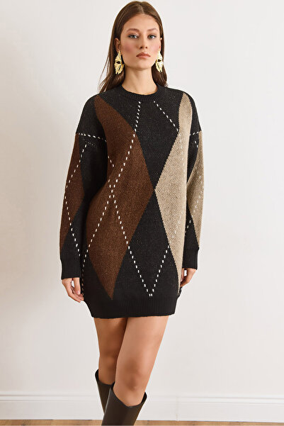 Olalook Women's Brown Gray Crew Neck Diamond Pattern Knit Tunic Dress Elb-190...