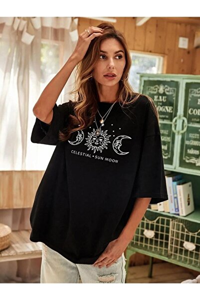 Gollinger Μπλουζάκι με γραφικό σχέδιο φεγγαριού, μαύρο, oversized