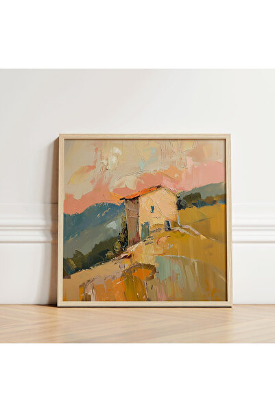 Tuba Decor Tablou pătrat cu rama din lemn casa pe vârful colinei