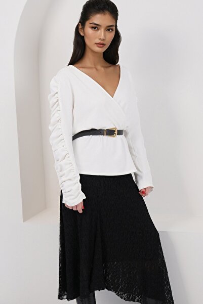 Trend Alaçatı Stili Women's White Double-Breasted Collar Sleeves Ruched Detai...