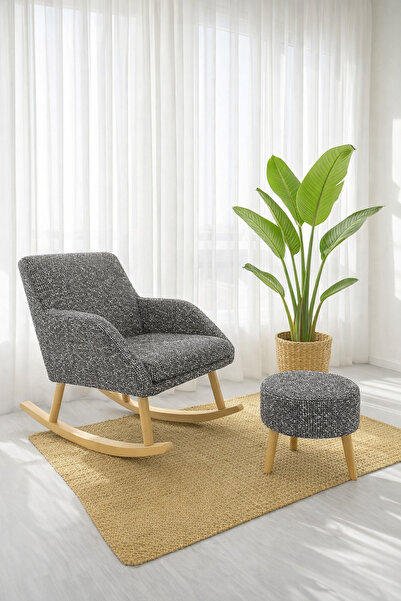 DEKOR MOBİLYACIM Comfort Sallanan Sandalye Kırçıllı Kumaş ve 3 Ayaklı Puf